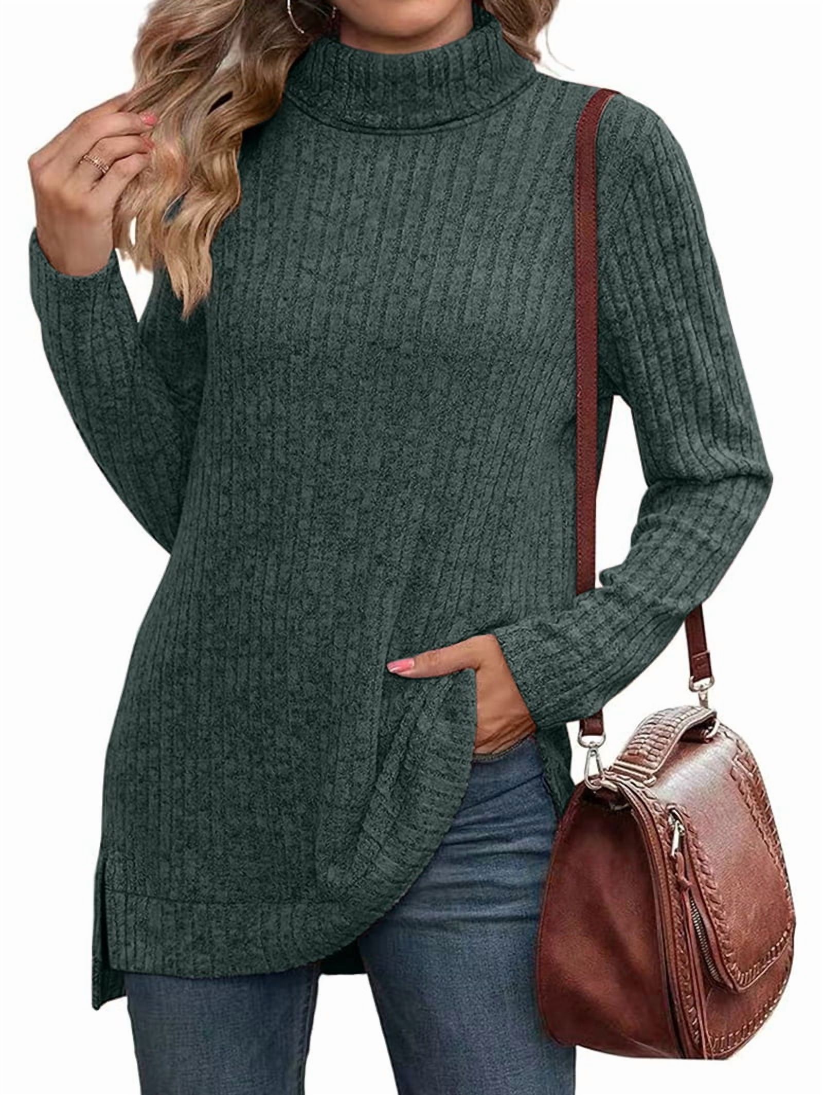 MissFitTribe High Low Turtleneck Tunic Sweater for Women, Army Green (photo 3)