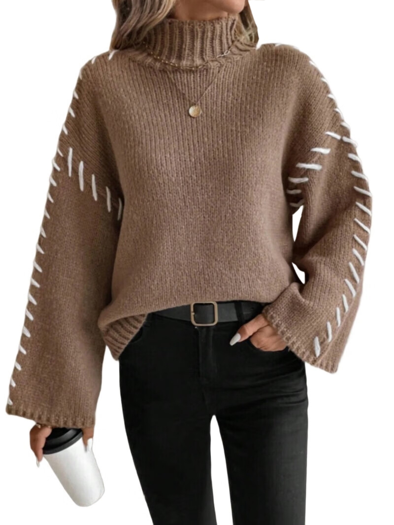 MissFitTribe Stitched Bell Sleeve Mock Neck Sweater for Women, Dark Khaki (photo 2)