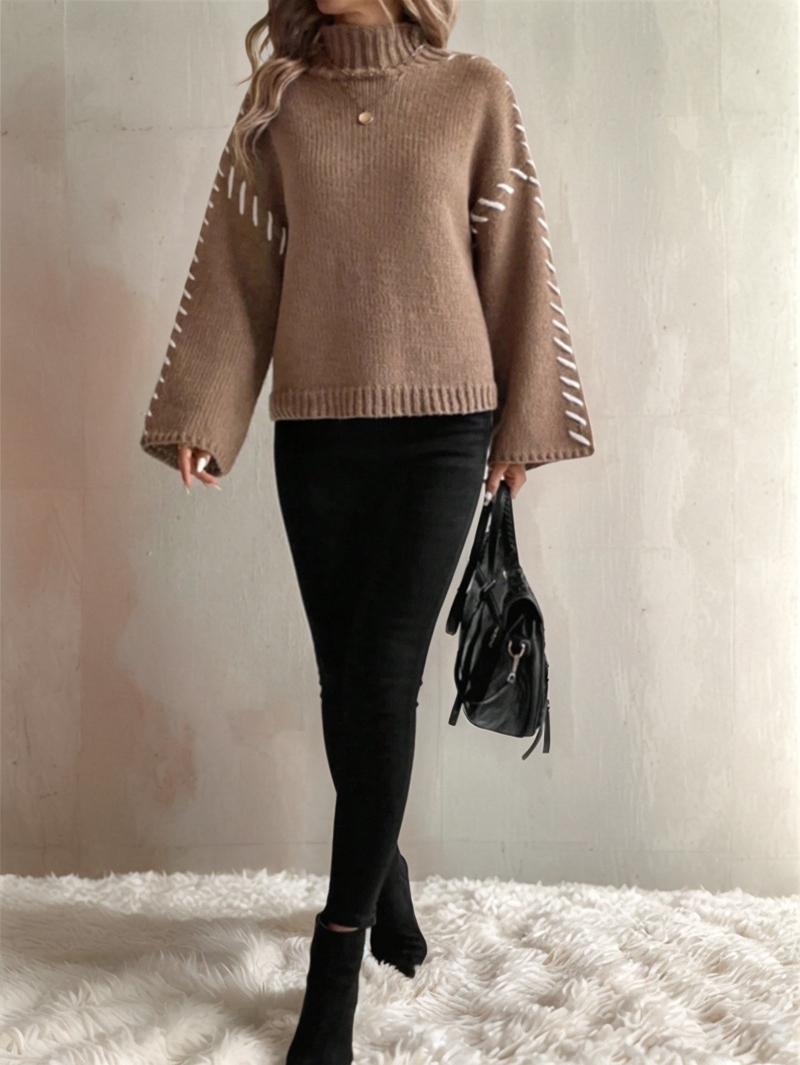 MissFitTribe Stitched Bell Sleeve Mock Neck Sweater for Women, Dark Khaki (photo 4)