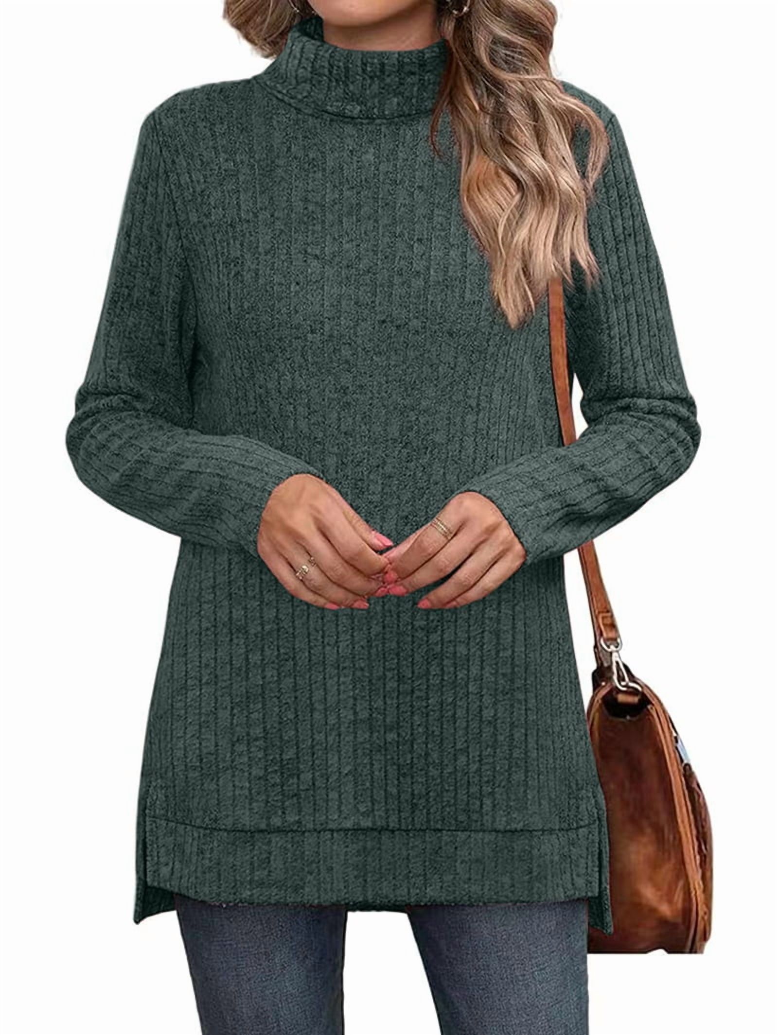 MissFitTribe High Low Turtleneck Tunic Sweater for Women, Army Green (photo 2)