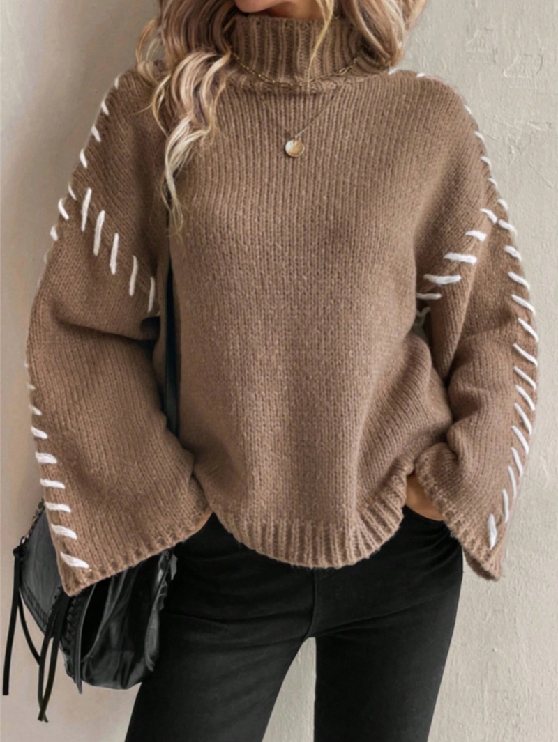 MissFitTribe Stitched Bell Sleeve Mock Neck Sweater for Women, Dark Khaki (photo 8)