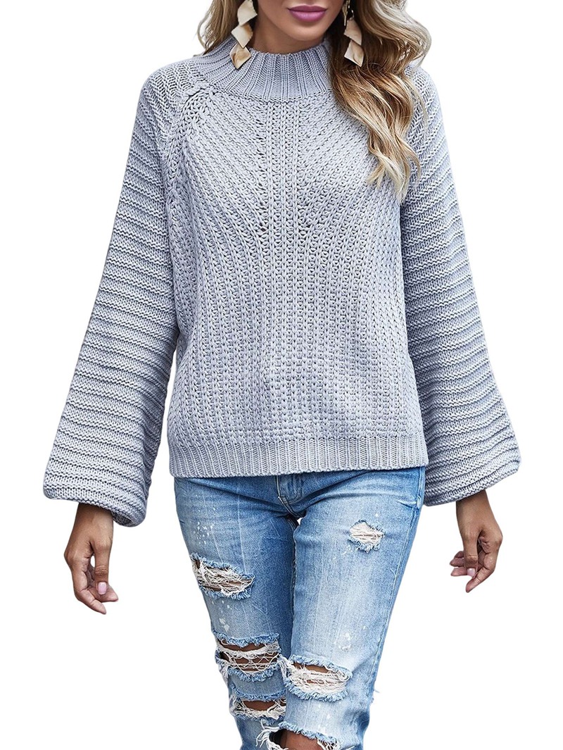 MissFitTribe Wide Sleeve Chunky Turtleneck Sweater for Women, Light Gray (photo 3)