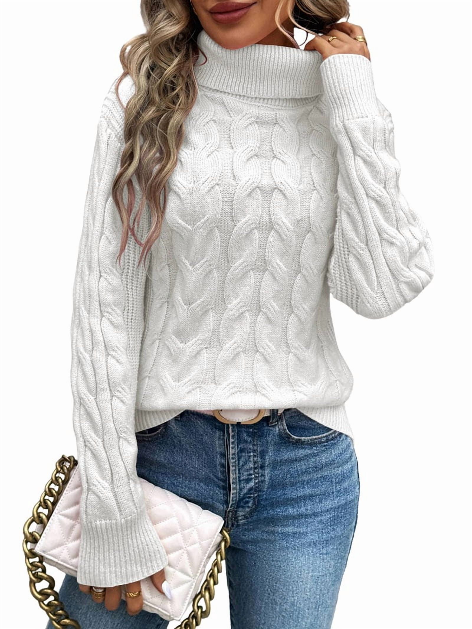 MissFitTribe Cable Knit Turtleneck Sweater for Women, White