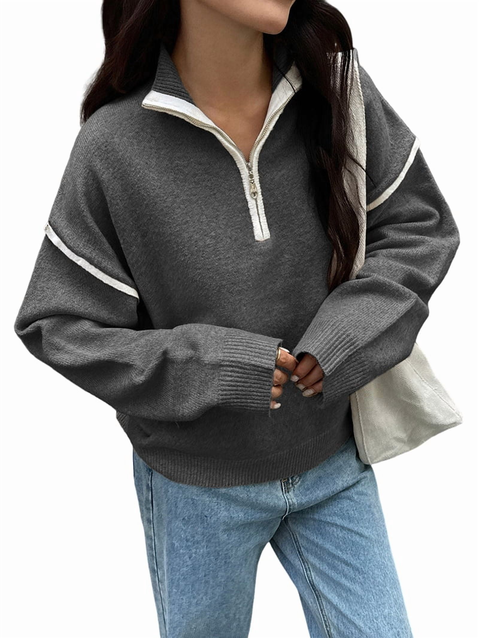 MissFitTribe Contrast Collar Quarter Zip Sweater for Women, Dark Gray