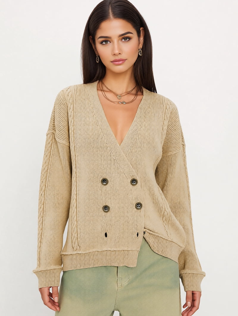MissFitTribe Double Breasted V Neck Cable Cardigan for Women, Khaki (photo 6)