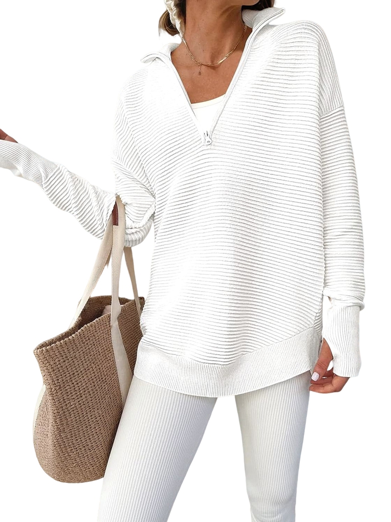MissFitTribe Quarter Zip Collared Sweater with Thumbholes for Women, White (photo 2)