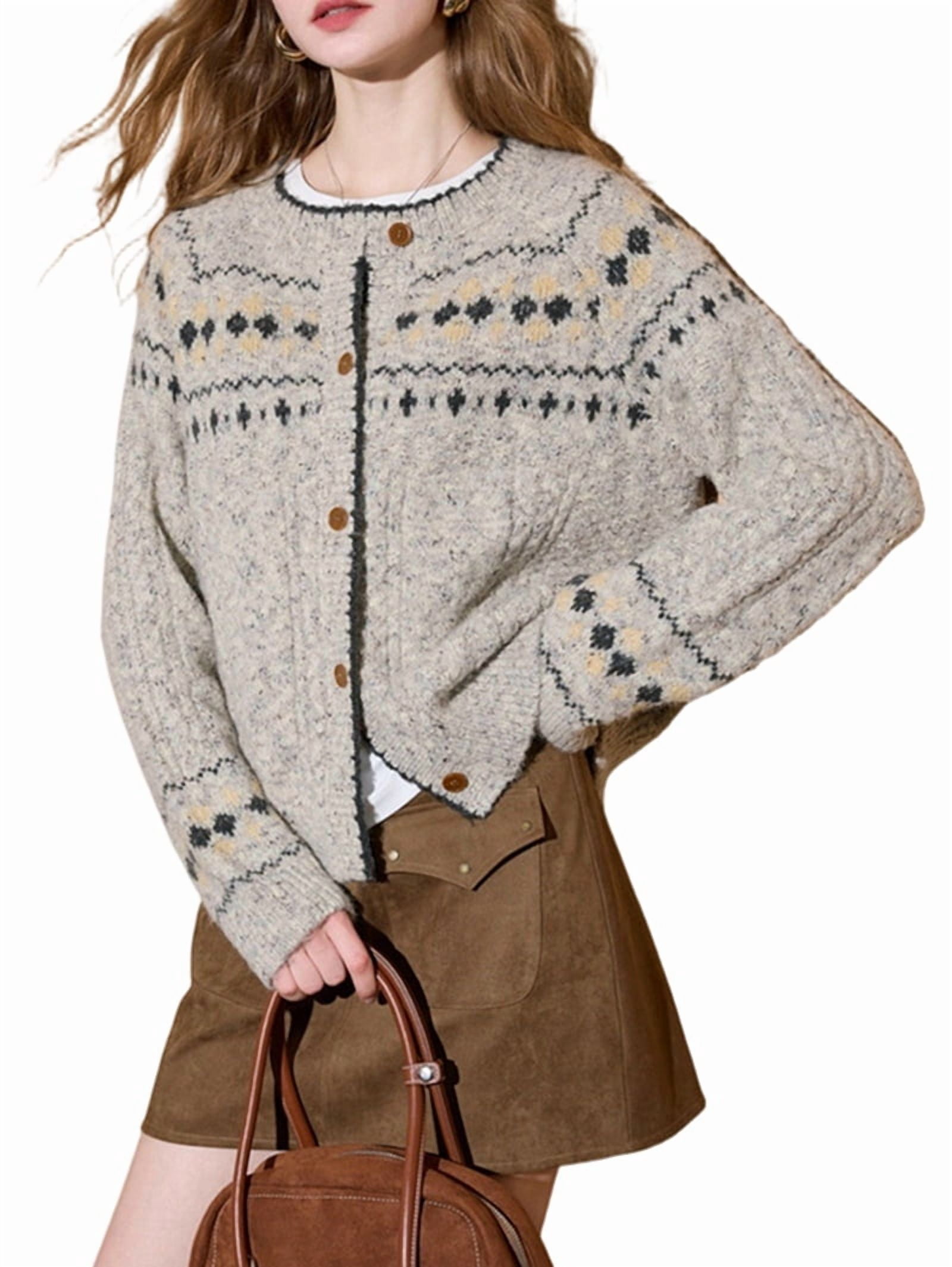 MissFitTribe Fair Isle Button Front Cardigan for Women, Oatmeal (photo 2)