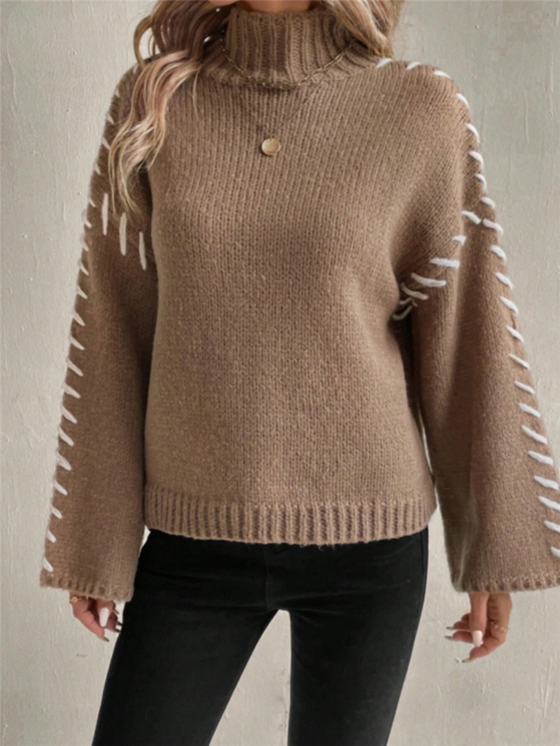 MissFitTribe Stitched Bell Sleeve Mock Neck Sweater for Women, Dark Khaki (photo 5)