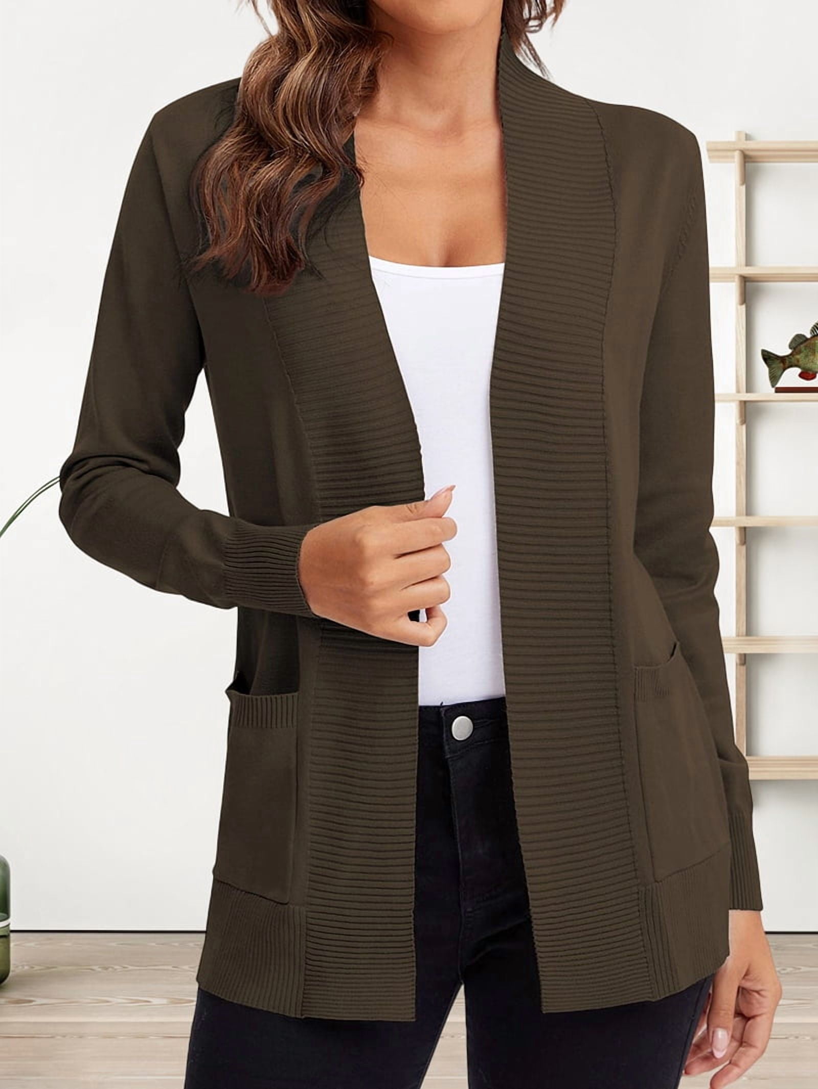 MissFitTribe Open Front Shawl Collar Cardigan with Pockets for Women, Olive Brown (photo 8)