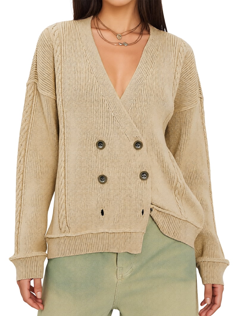 MissFitTribe Double Breasted V Neck Cable Cardigan for Women, Khaki (photo 3)