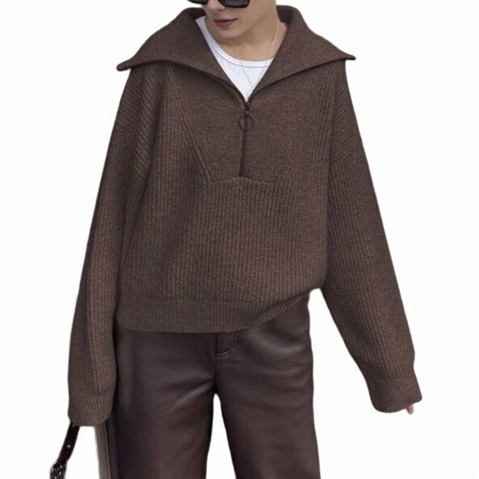 MissFitTribe Cropped Half Zip Collared Sweater for Women, Coffee