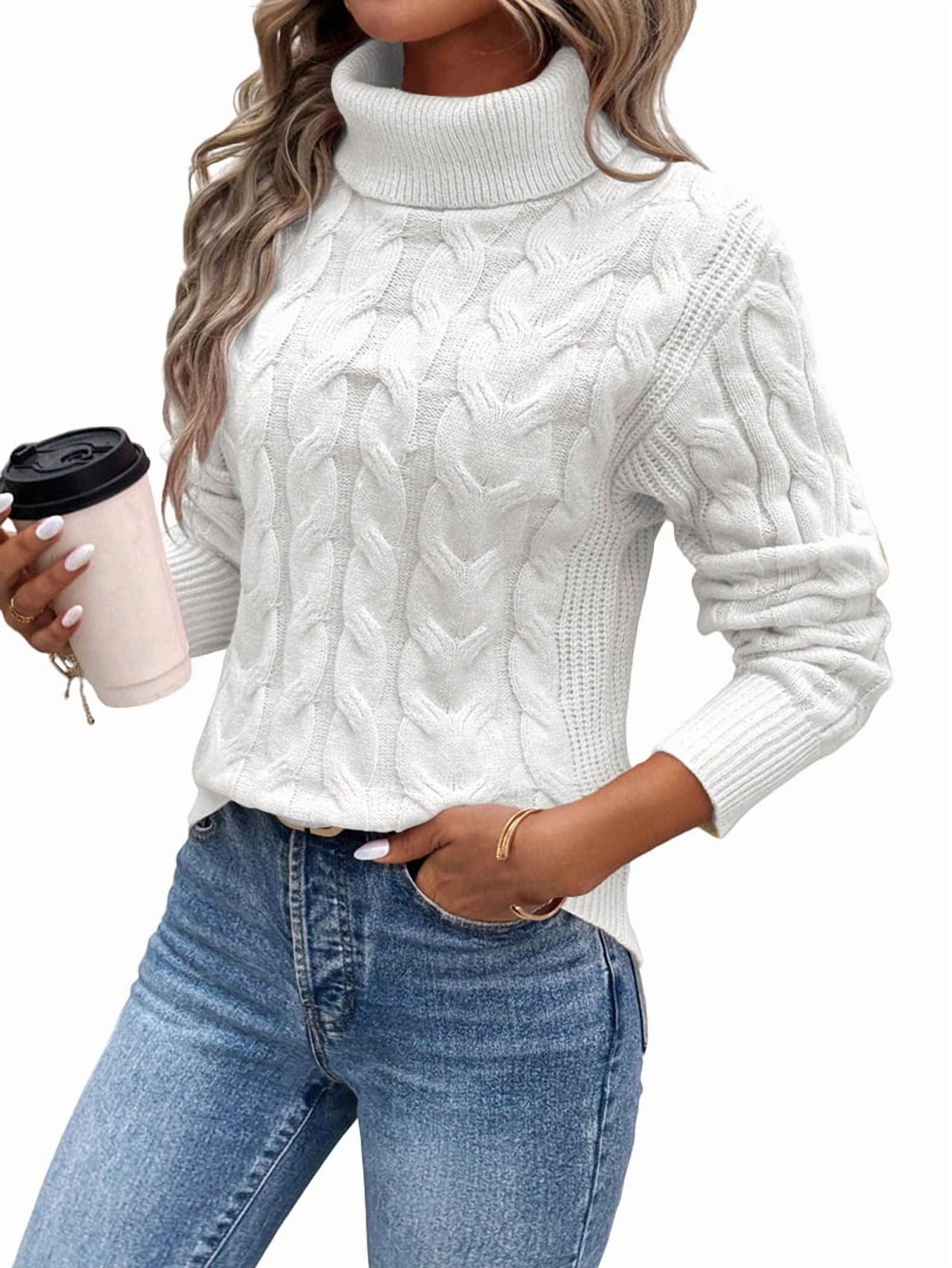 MissFitTribe Cable Knit Turtleneck Sweater for Women, White (photo 2)