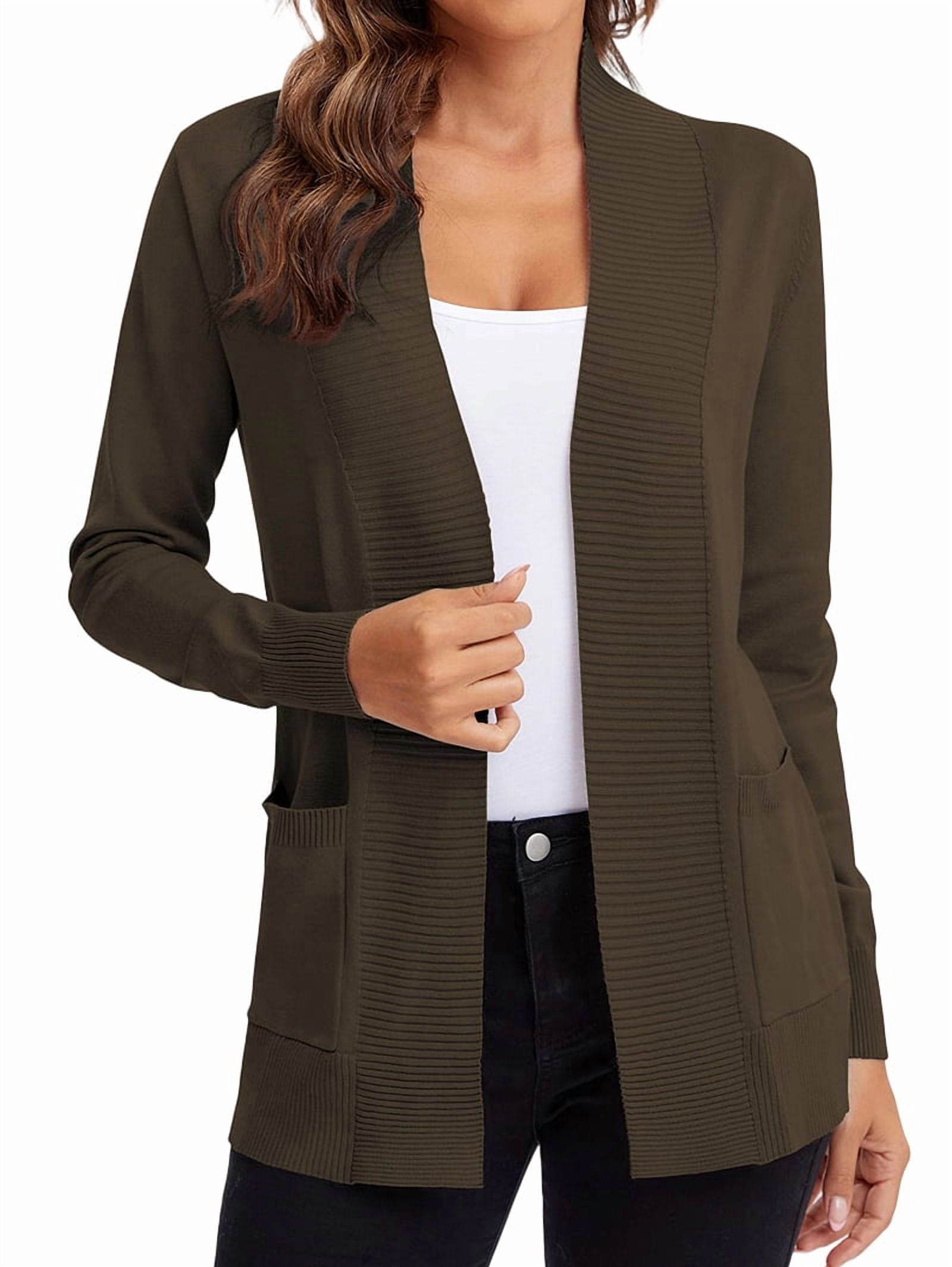 MissFitTribe Open Front Shawl Collar Cardigan with Pockets for Women, Olive Brown