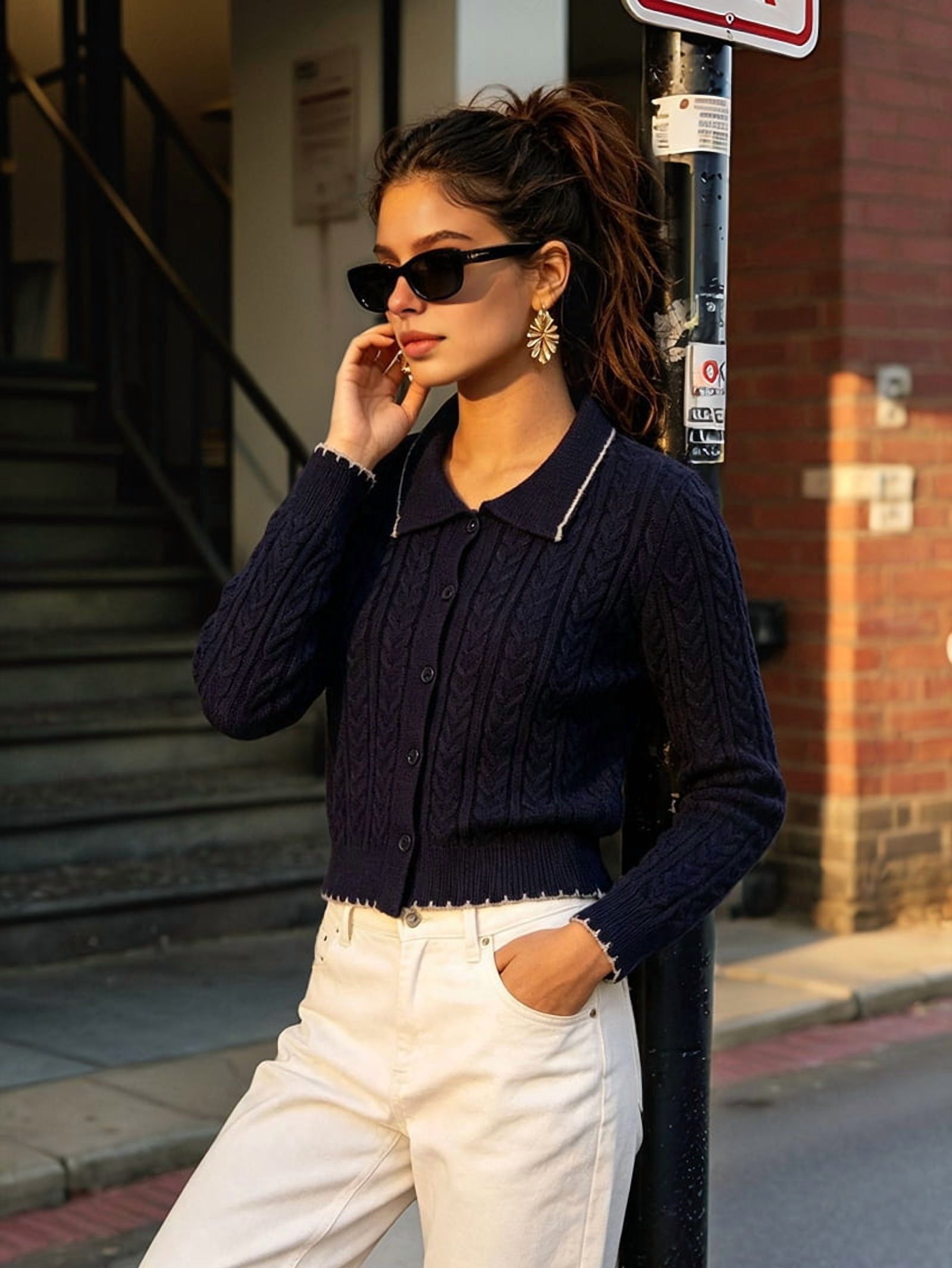 MissFitTribe Collared Cable Knit Cardigan with Scalloped Trim for Women, Navy (photo 5)