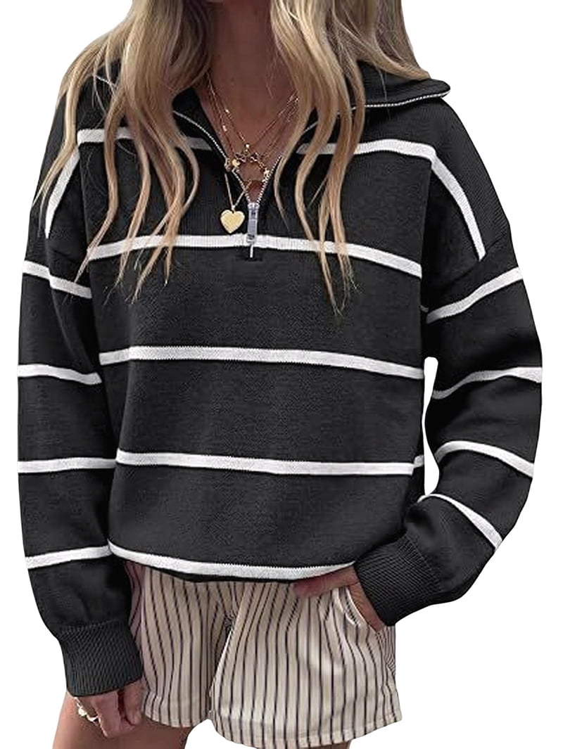 MissFitTribe Striped Oversized Quarter Zip Sweater for Women, Black/White