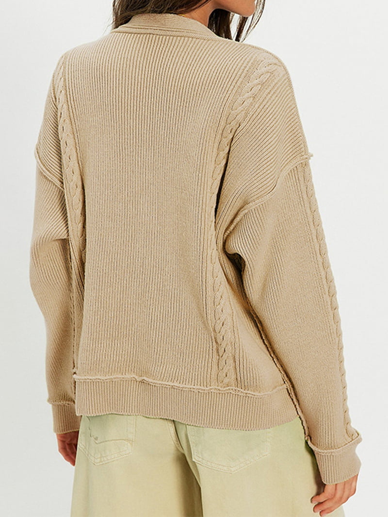MissFitTribe Double Breasted V Neck Cable Cardigan for Women, Khaki (photo 8)