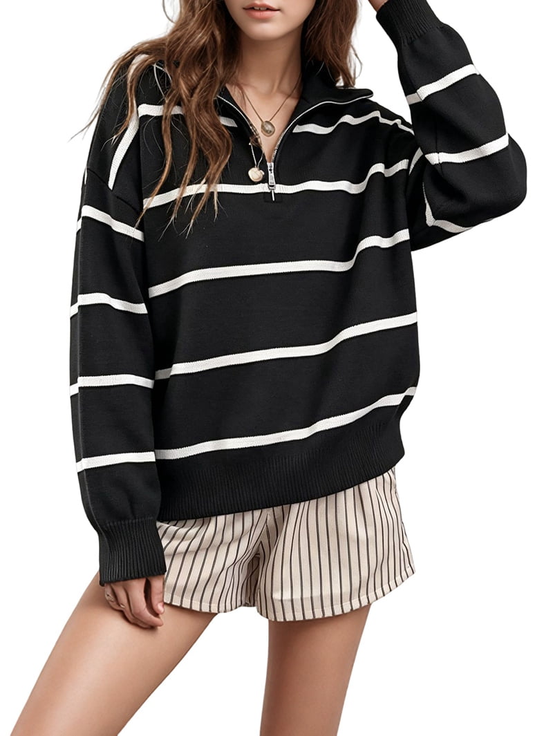 MissFitTribe Striped Oversized Quarter Zip Sweater for Women, Black/White (photo 2)