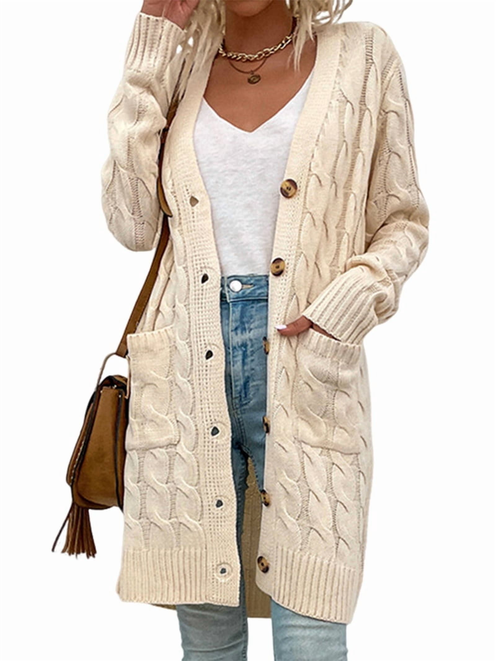 MissFitTribe Long Cable Knit Button Cardigan for Women, Cream White (photo 2)