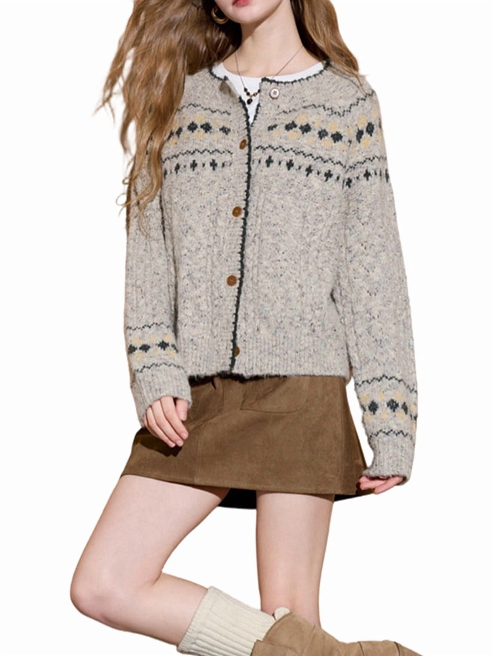 MissFitTribe Fair Isle Button Front Cardigan for Women, Oatmeal