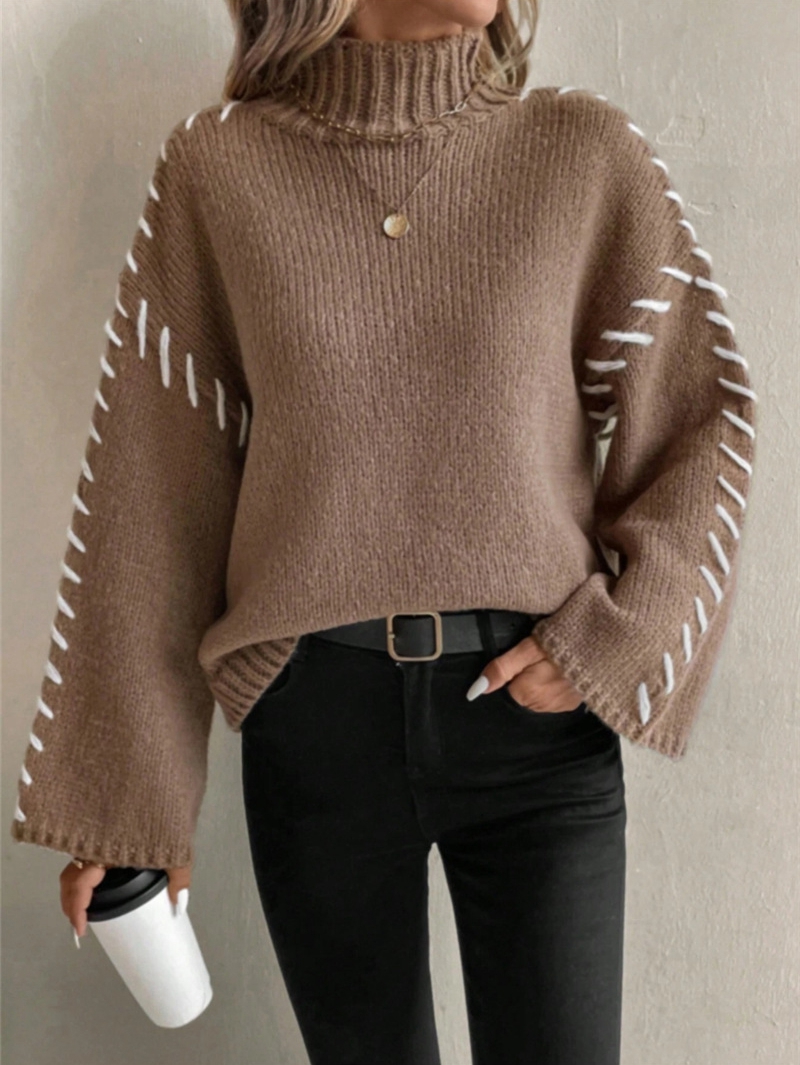 MissFitTribe Stitched Bell Sleeve Mock Neck Sweater for Women, Dark Khaki (photo 9)