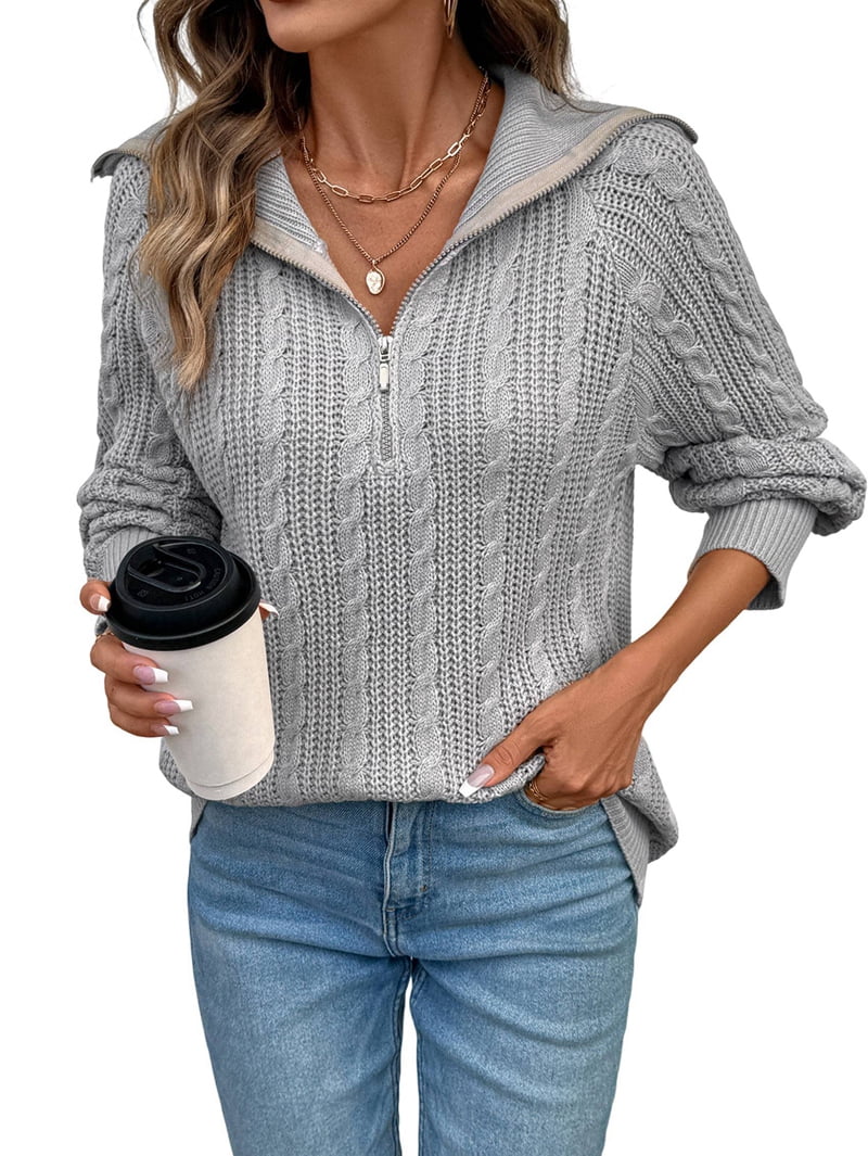 MissFitTribe Cable Knit Quarter Zip Sweater with Wide Collar for Women, Light Gray (photo 3)