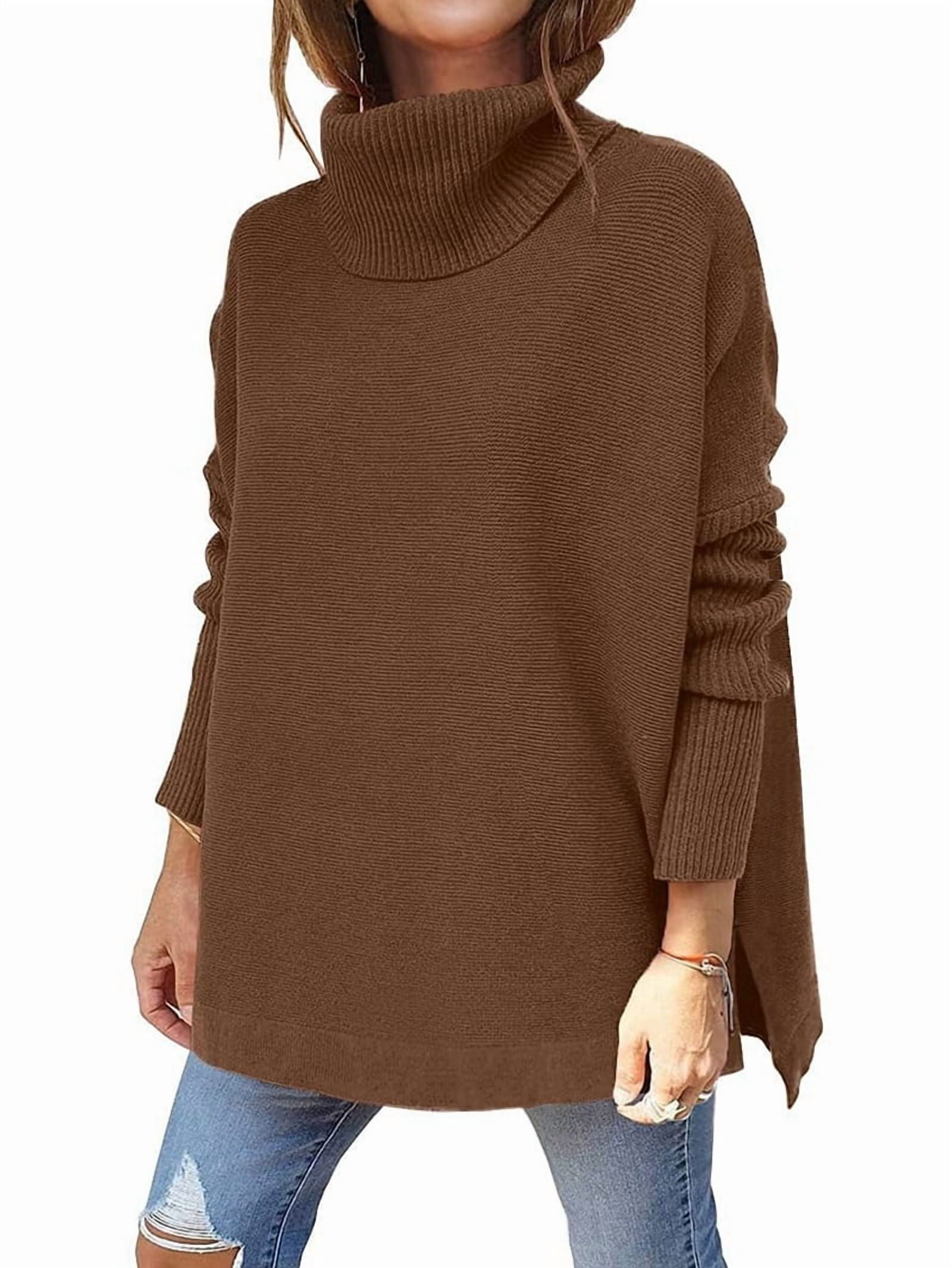MissFitTribe Side Slit Turtleneck Tunic Sweater for Women, Brown