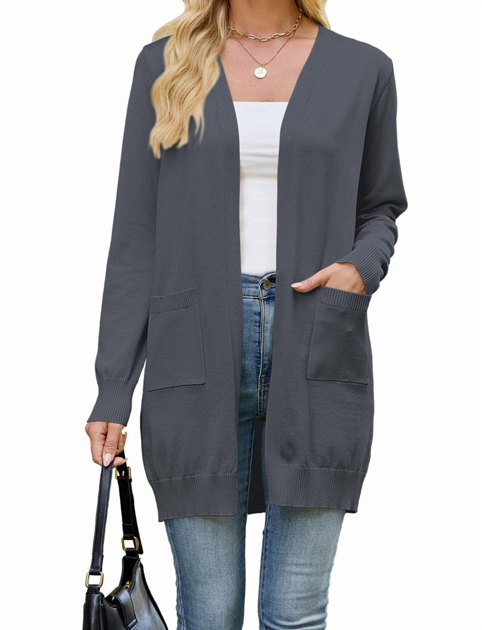 MissFitTribe Long Open Front Cardigan with Patch Pockets for Women, Dark Gray (photo 2)
