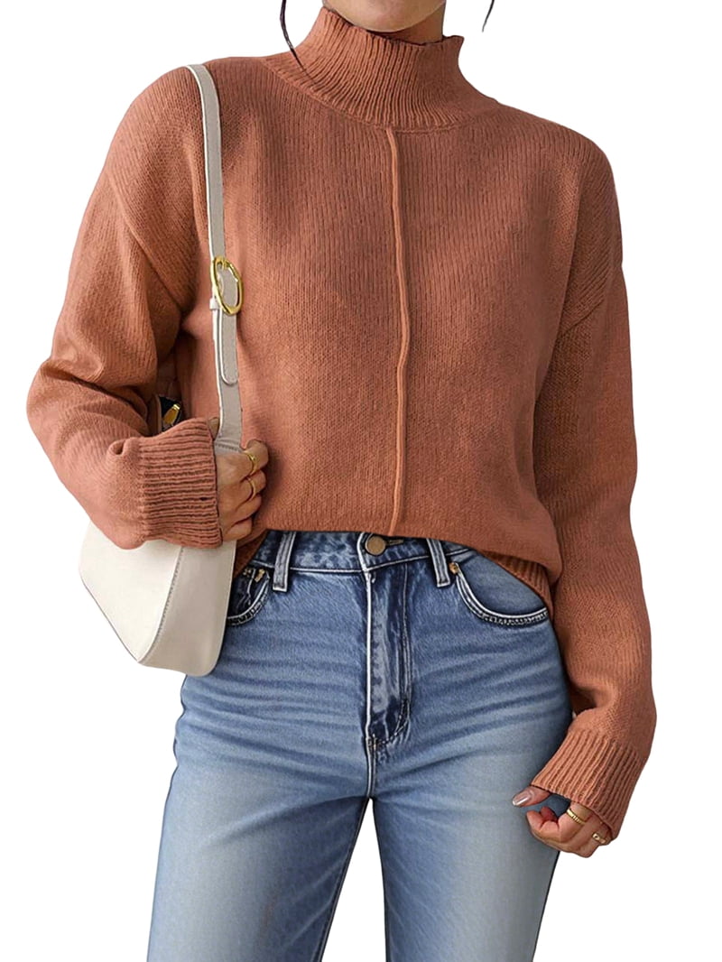 MissFitTribe Ribbed Mock Neck Sweater with Front Seam for Women, Rust