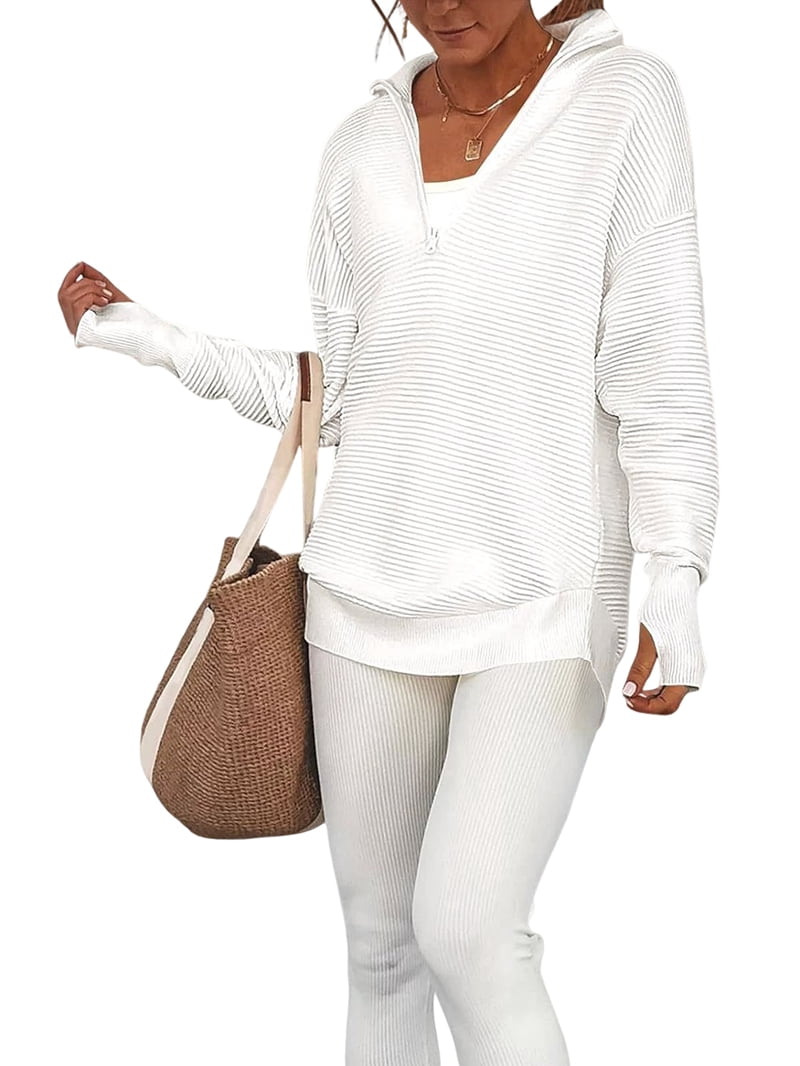 MissFitTribe Quarter Zip Collared Sweater with Thumbholes for Women, White