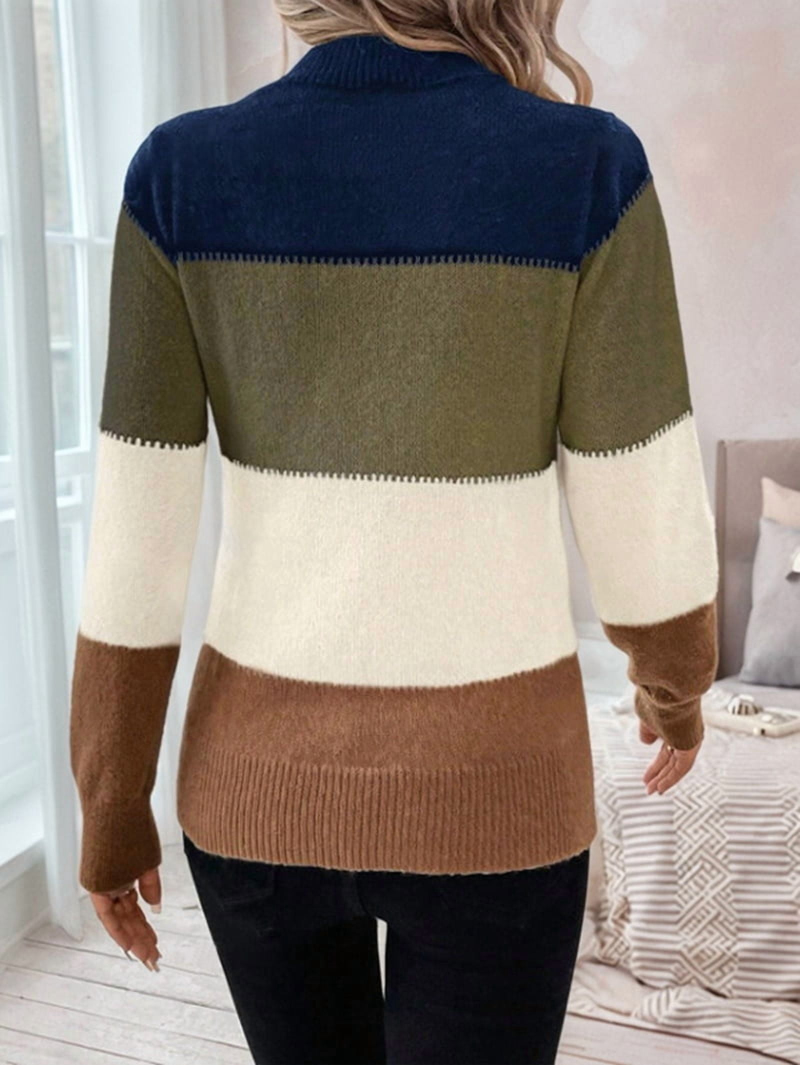 MissFitTribe Color Block Mock Neck Sweater for Women, Navy/Olive/Cream (photo 4)
