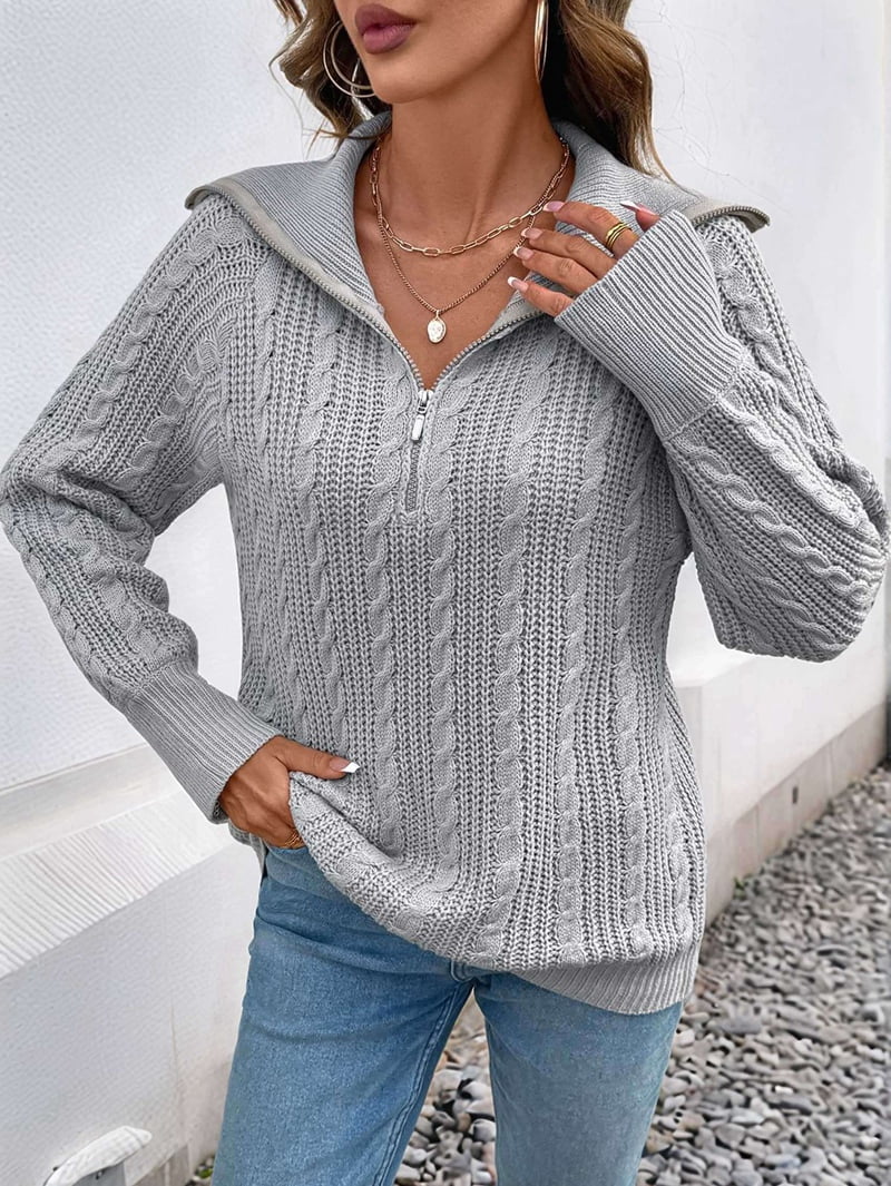 MissFitTribe Cable Knit Quarter Zip Sweater with Wide Collar for Women, Light Gray (photo 8)