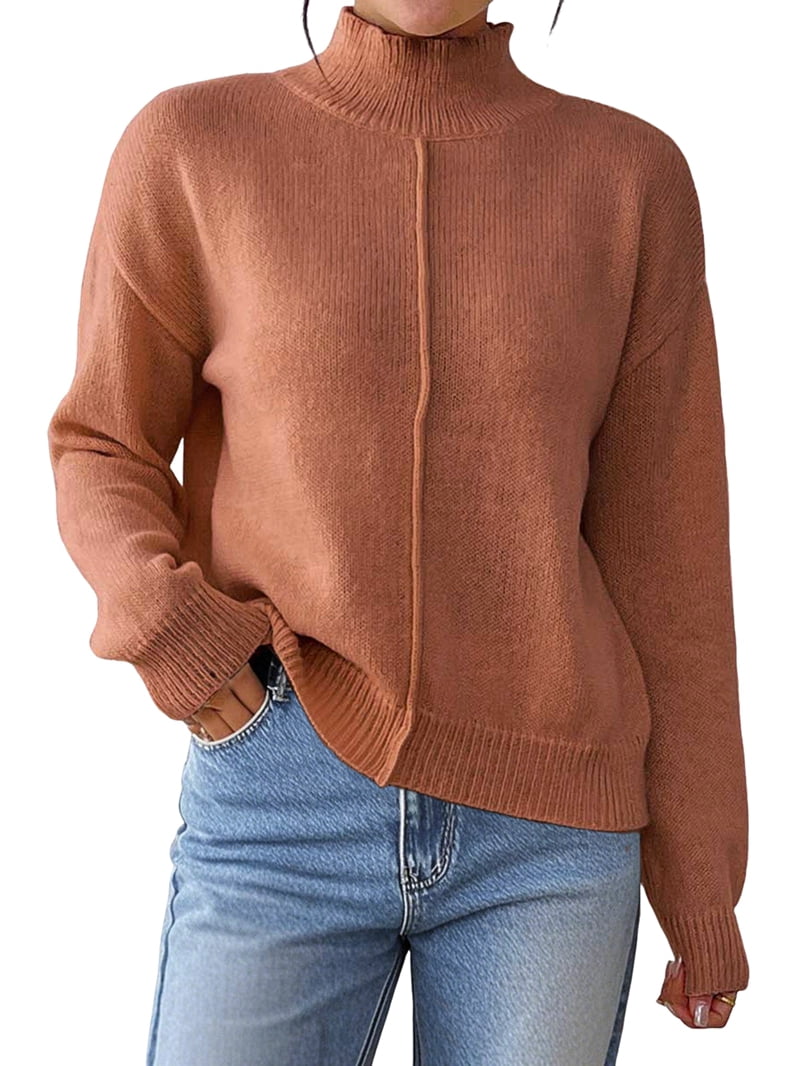 MissFitTribe Ribbed Mock Neck Sweater with Front Seam for Women, Rust (photo 2)