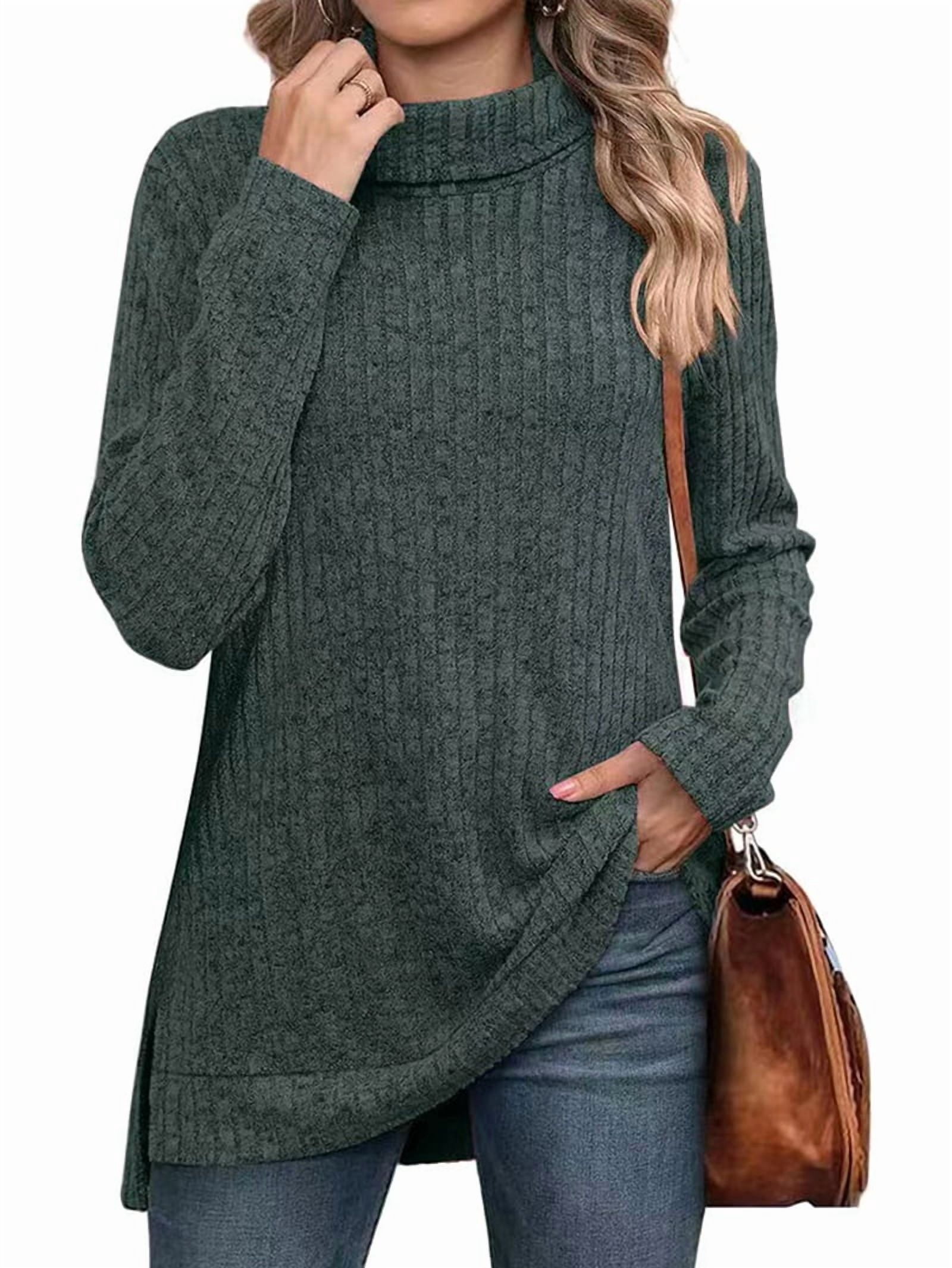 MissFitTribe High Low Turtleneck Tunic Sweater for Women, Army Green