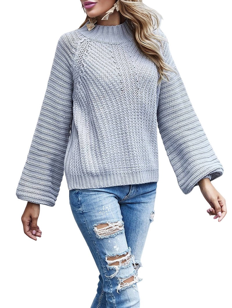 MissFitTribe Wide Sleeve Chunky Turtleneck Sweater for Women, Light Gray