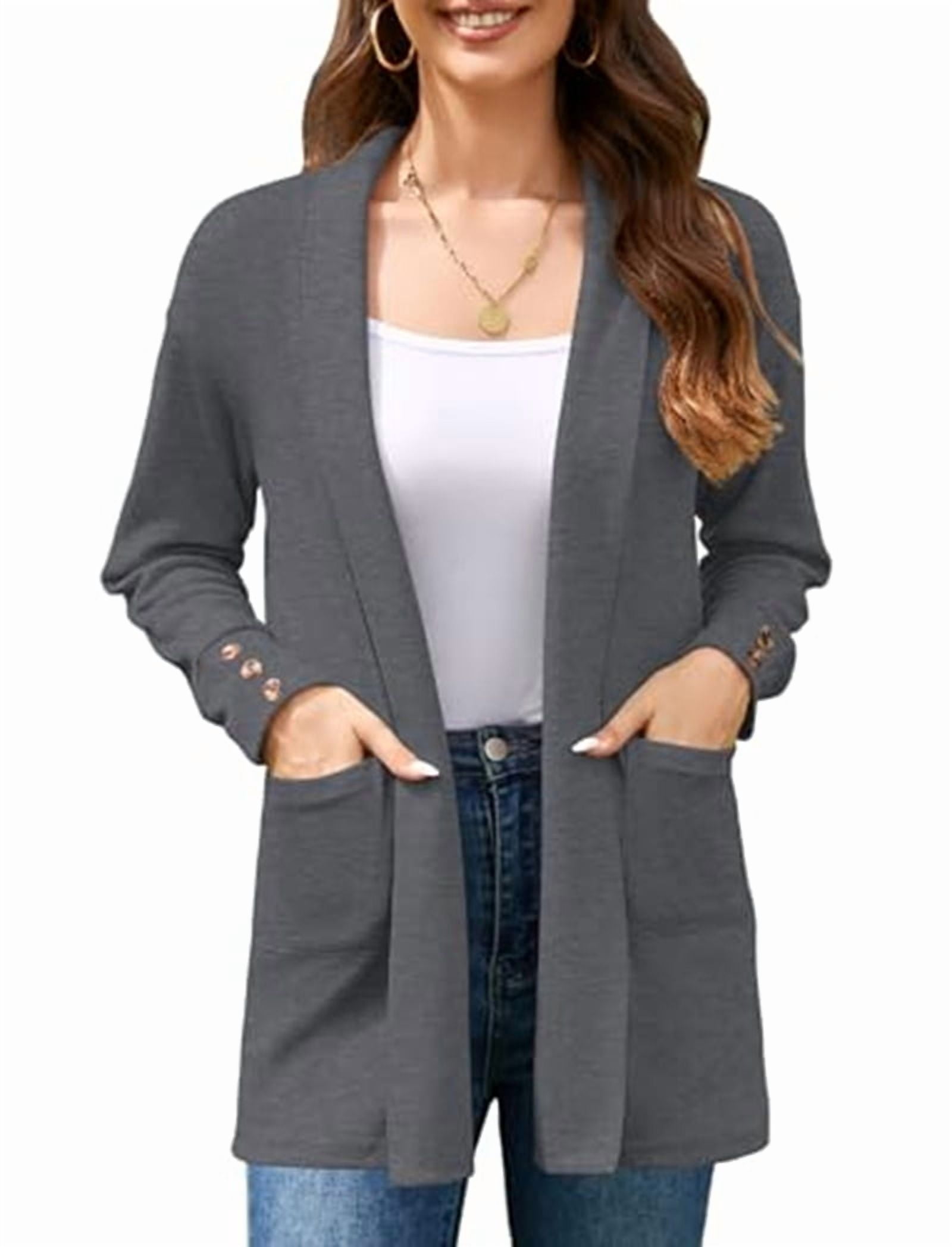 MissFitTribe Long Open Front Cardigan with Patch Pockets for Women, Dark Gray
