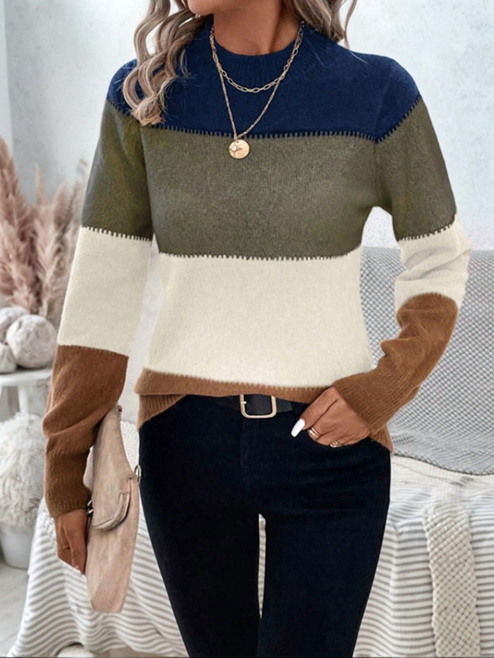 MissFitTribe Color Block Mock Neck Sweater for Women, Navy/Olive/Cream (photo 3)