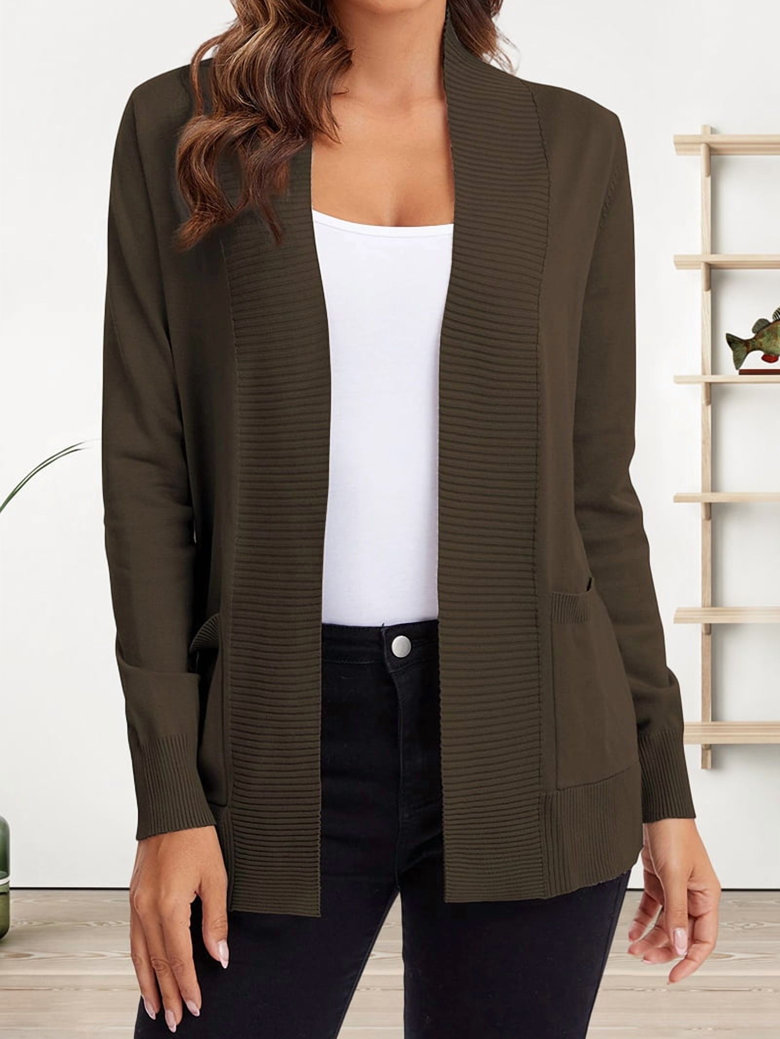 MissFitTribe Open Front Shawl Collar Cardigan with Pockets for Women, Olive Brown (photo 7)