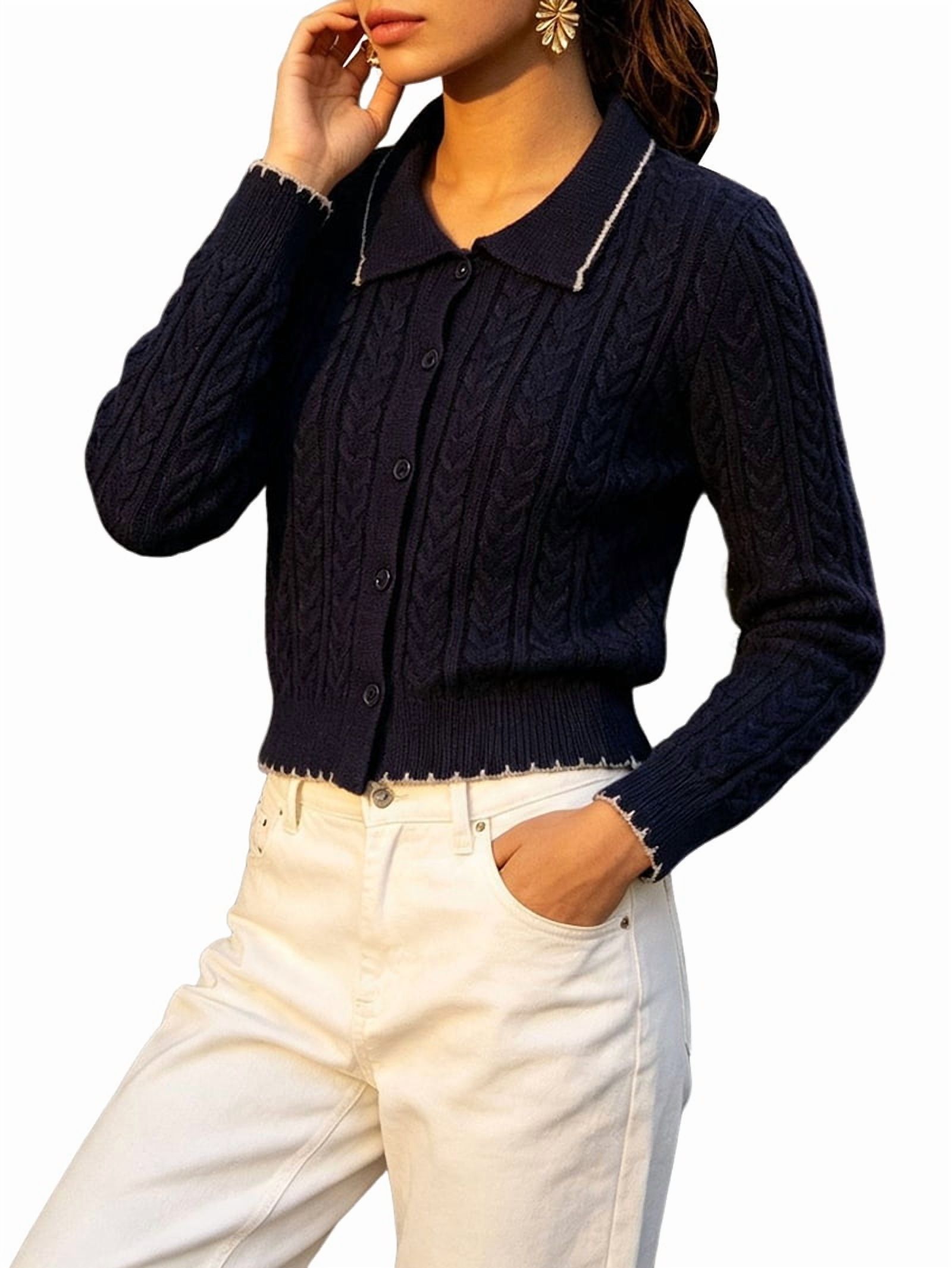 MissFitTribe Collared Cable Knit Cardigan with Scalloped Trim for Women, Navy (photo 2)