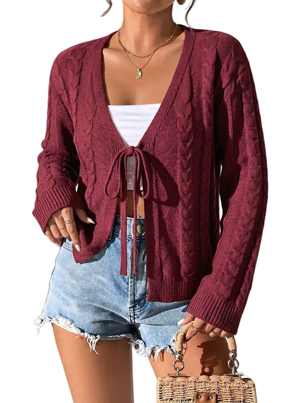 MissFitTribe Tie Front Cable Knit Cardigan for Women, Wine Red (photo 2)