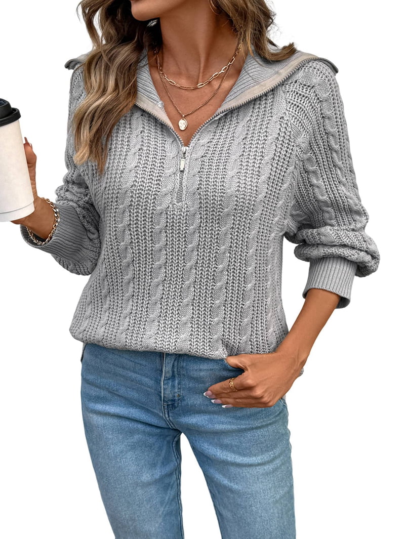 MissFitTribe Cable Knit Quarter Zip Sweater with Wide Collar for Women, Light Gray