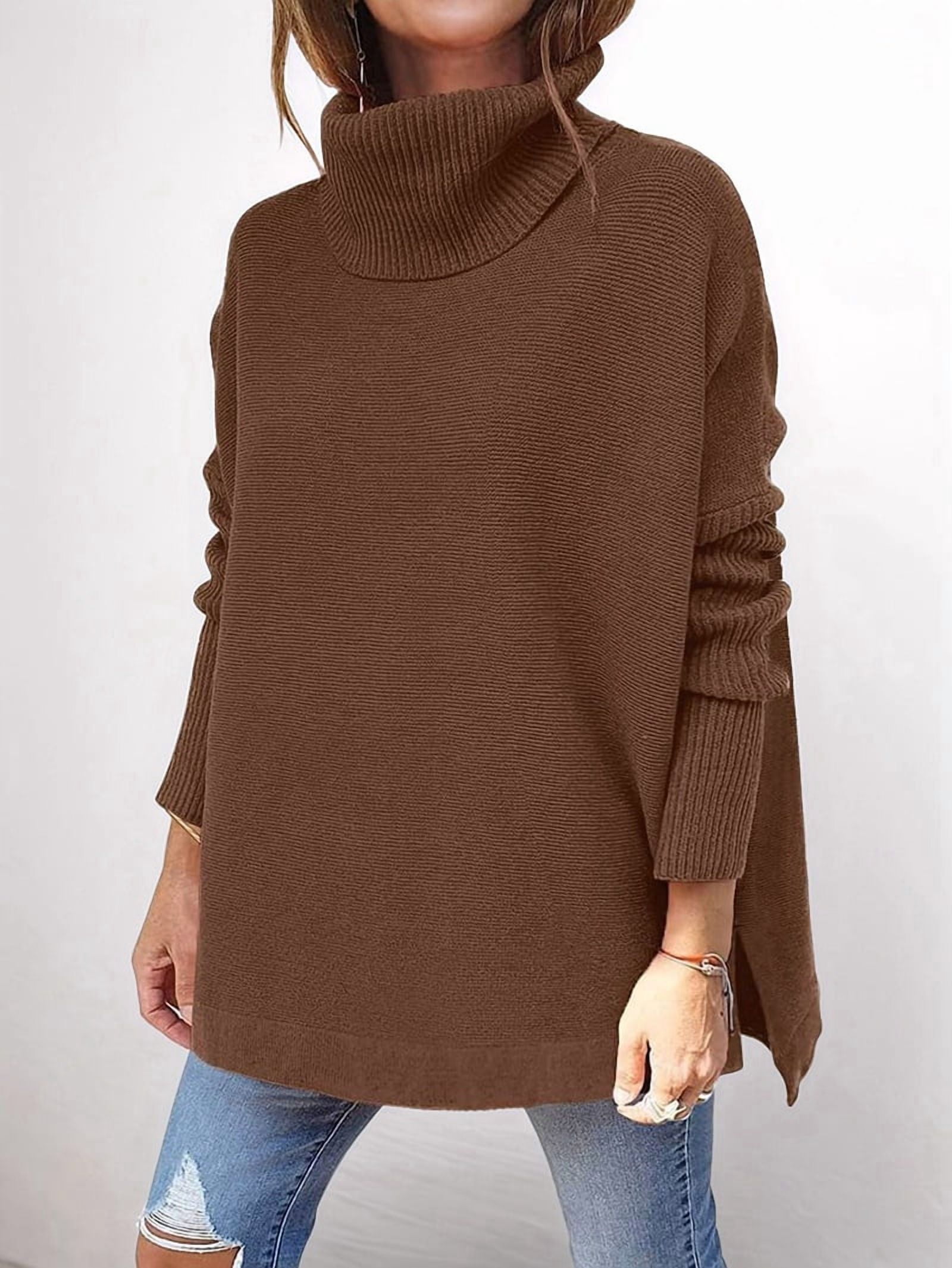 MissFitTribe Side Slit Turtleneck Tunic Sweater for Women, Brown (photo 2)