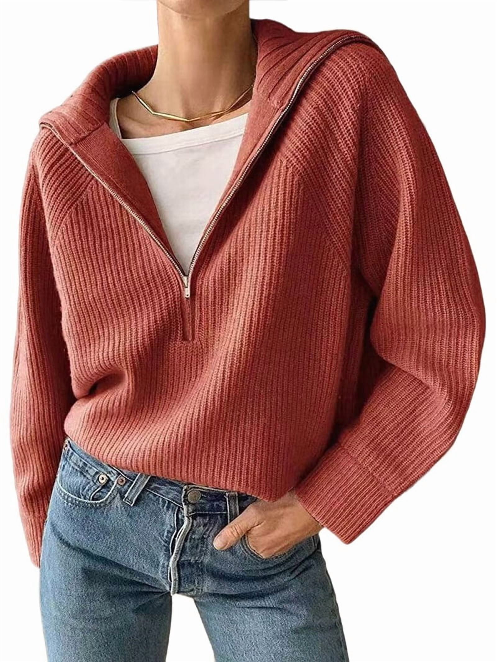 MissFitTribe Stand Collar Quarter Zip Sweater for Women, Copper Red
