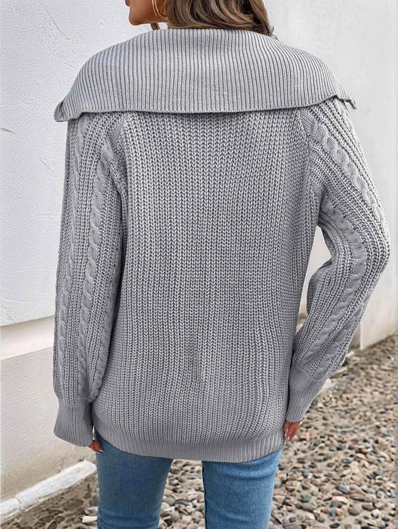 MissFitTribe Cable Knit Quarter Zip Sweater with Wide Collar for Women, Light Gray (photo 9)