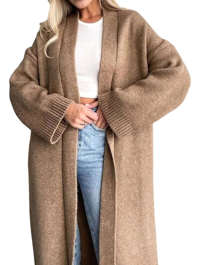 MissFitTribe Knee Length Chunky Open Front Cardigan for Women, Camel