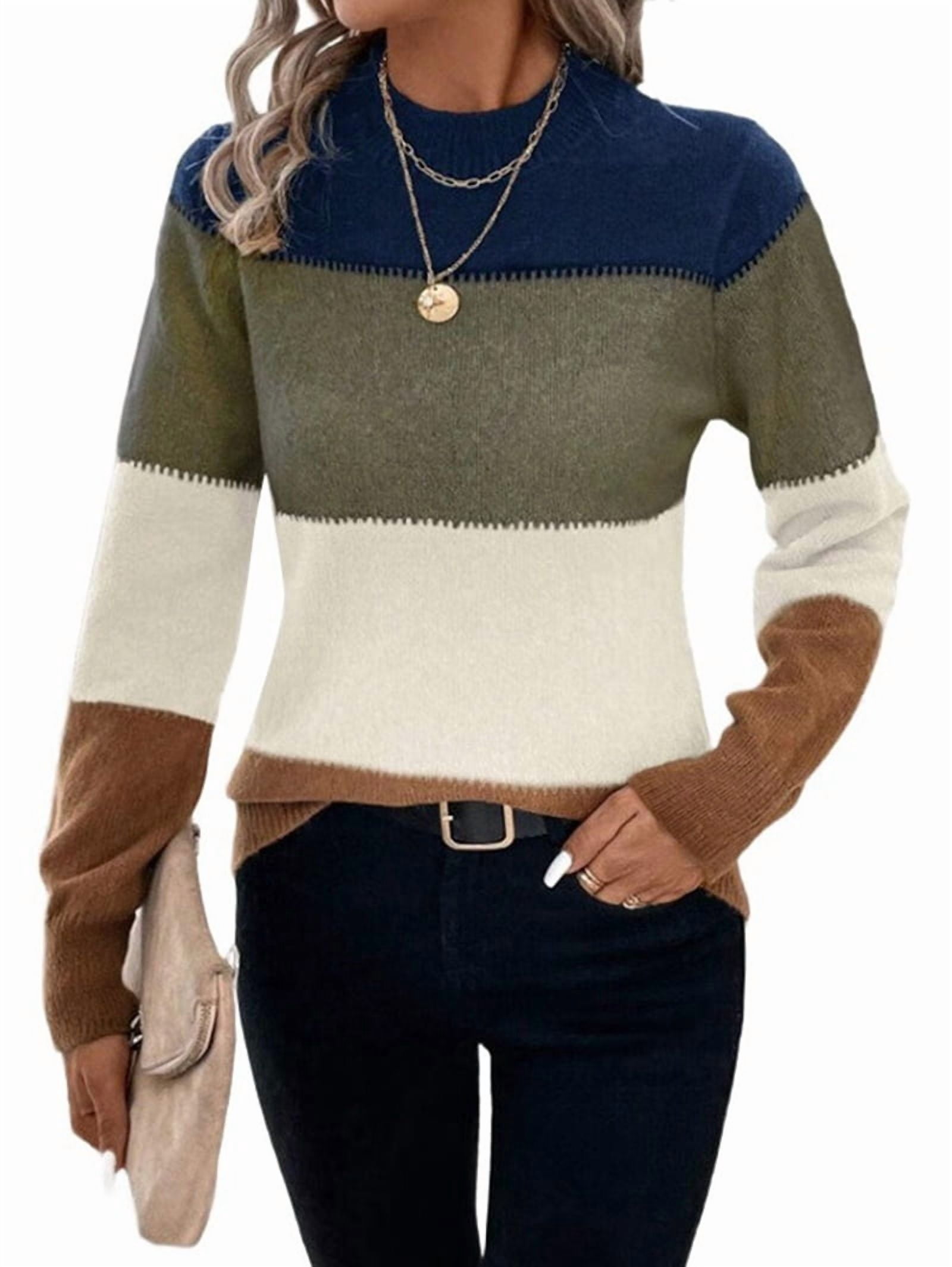 MissFitTribe Color Block Mock Neck Sweater for Women, Navy/Olive/Cream