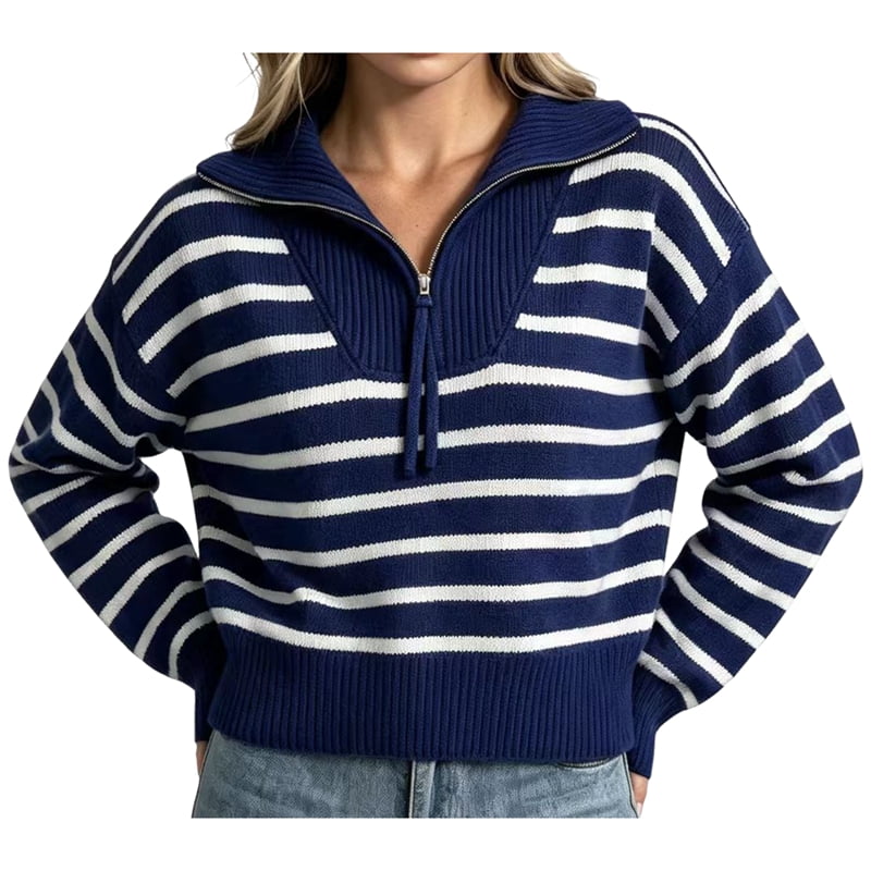 MissFitTribe Striped Half Zip Stand Collar Sweater for Women, Navy/White (photo 2)