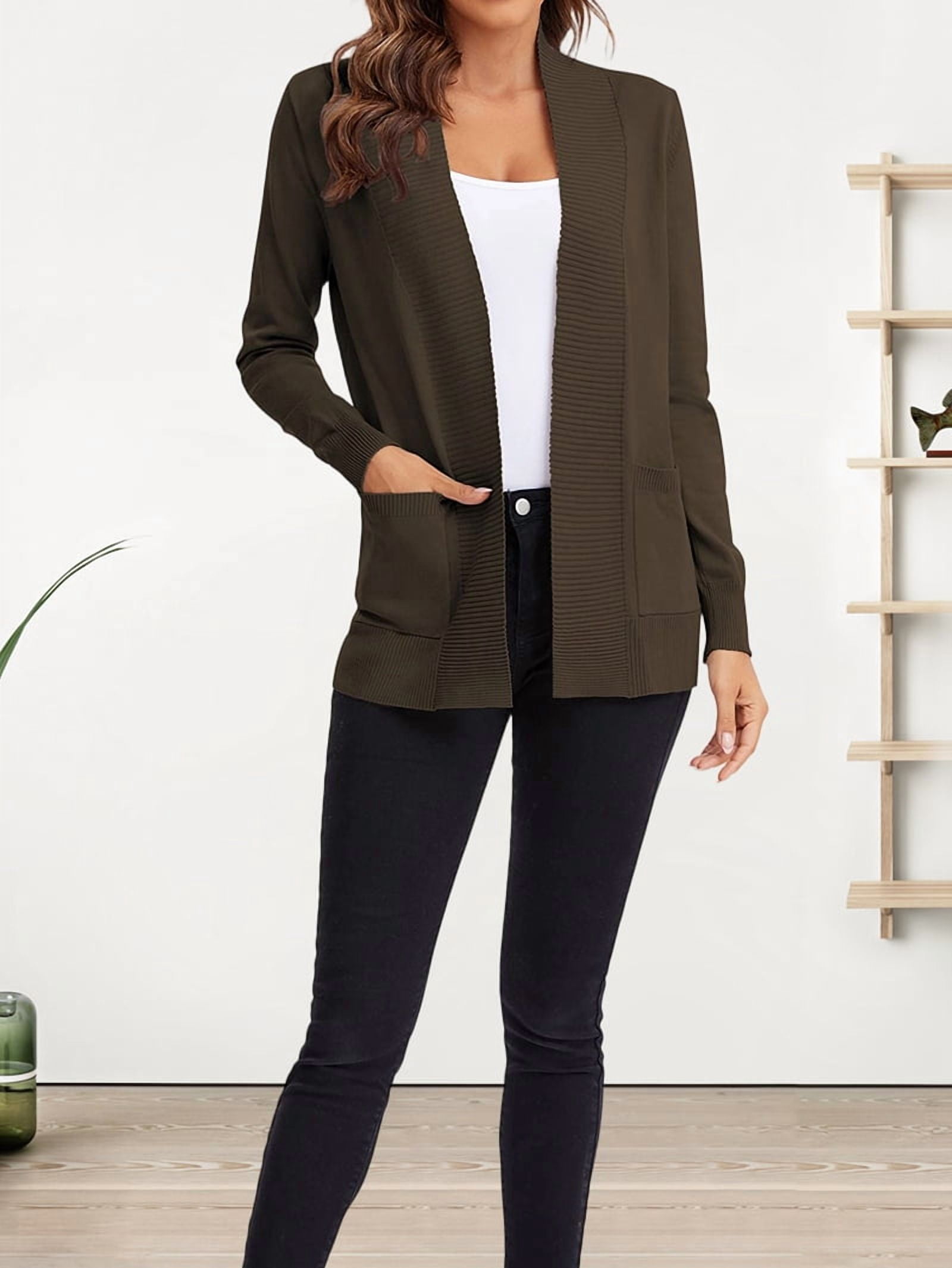 MissFitTribe Open Front Shawl Collar Cardigan with Pockets for Women, Olive Brown (photo 4)