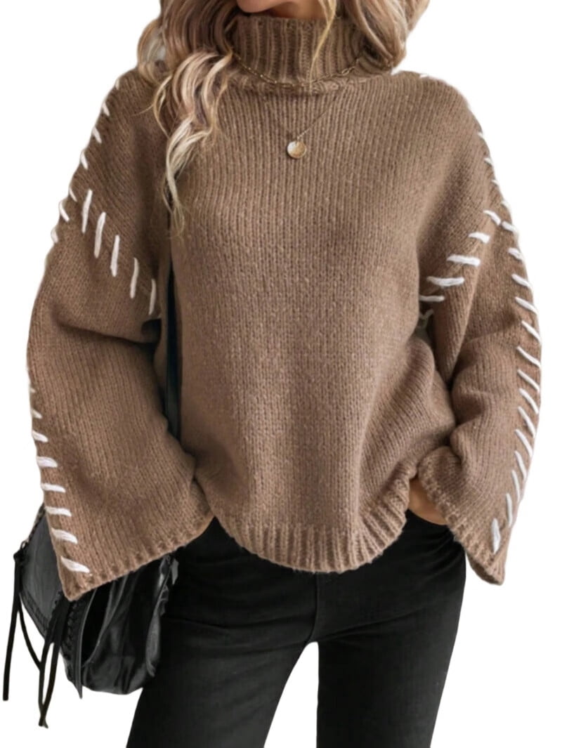 MissFitTribe Stitched Bell Sleeve Mock Neck Sweater for Women, Dark Khaki