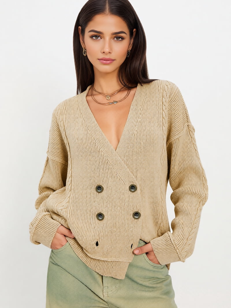 MissFitTribe Double Breasted V Neck Cable Cardigan for Women, Khaki (photo 5)