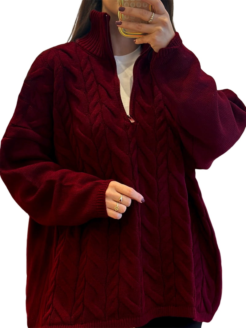 MissFitTribe Cable Knit Quarter Zip Sweater for Women, Wine Red